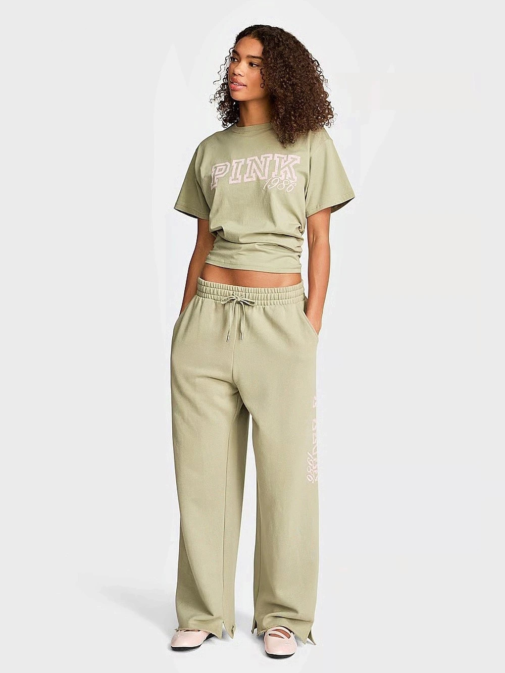 Victoria's Secret PINK Slate Green Wide Leg Split Hem Campus Sweatpants